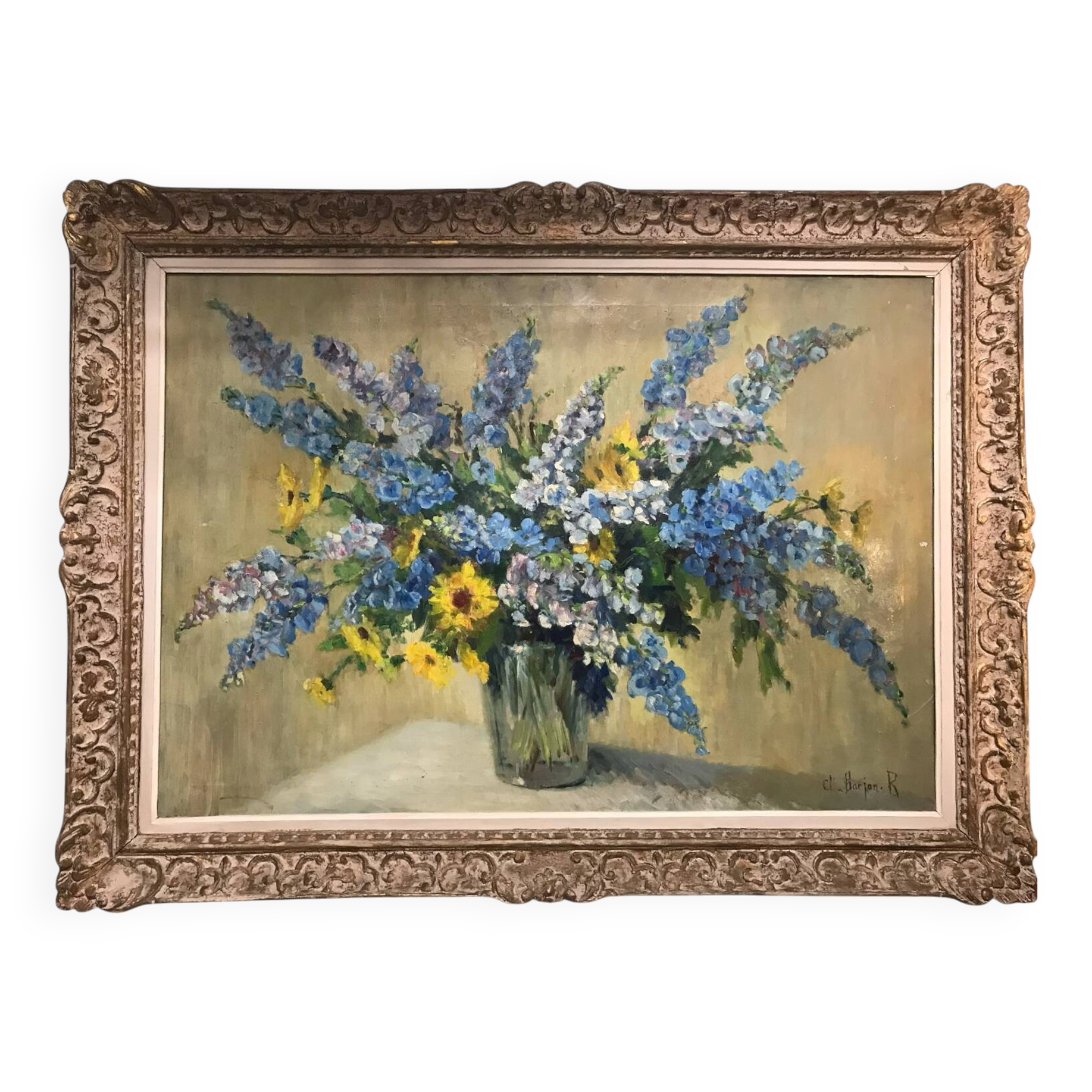 Large Painting, Oil On Canvas, Bouquet Of Flowers, Signed Barjan