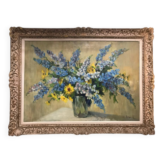 Large Painting, Oil On Canvas, Bouquet Of Flowers, Signed Barjan