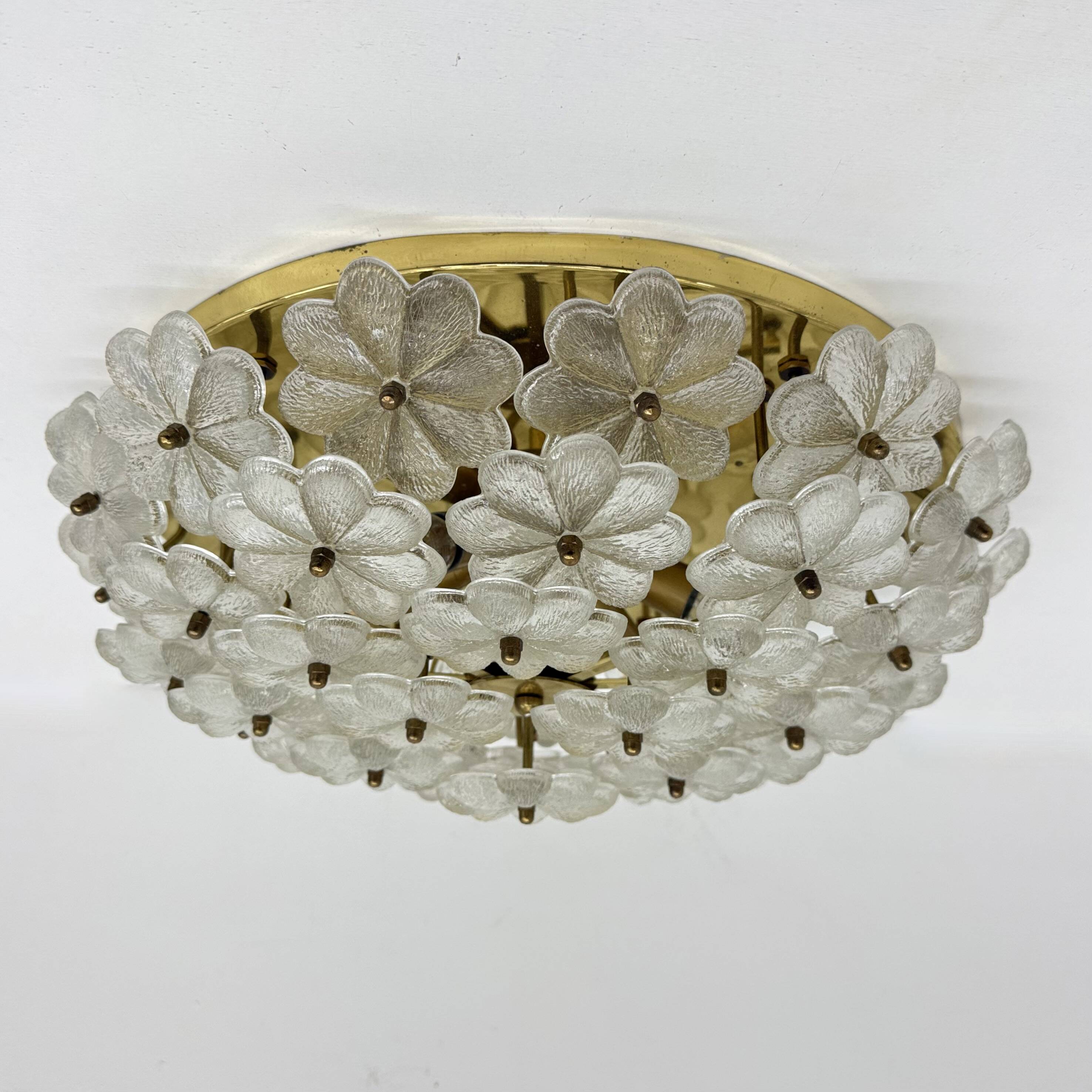 Large Floral Crystal Glass Flush Lamp by Ernst Palme , 1970s