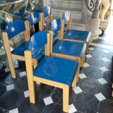 Series of 6 stackable vintage chairs, italian design, blue tinted beech, ca 1980