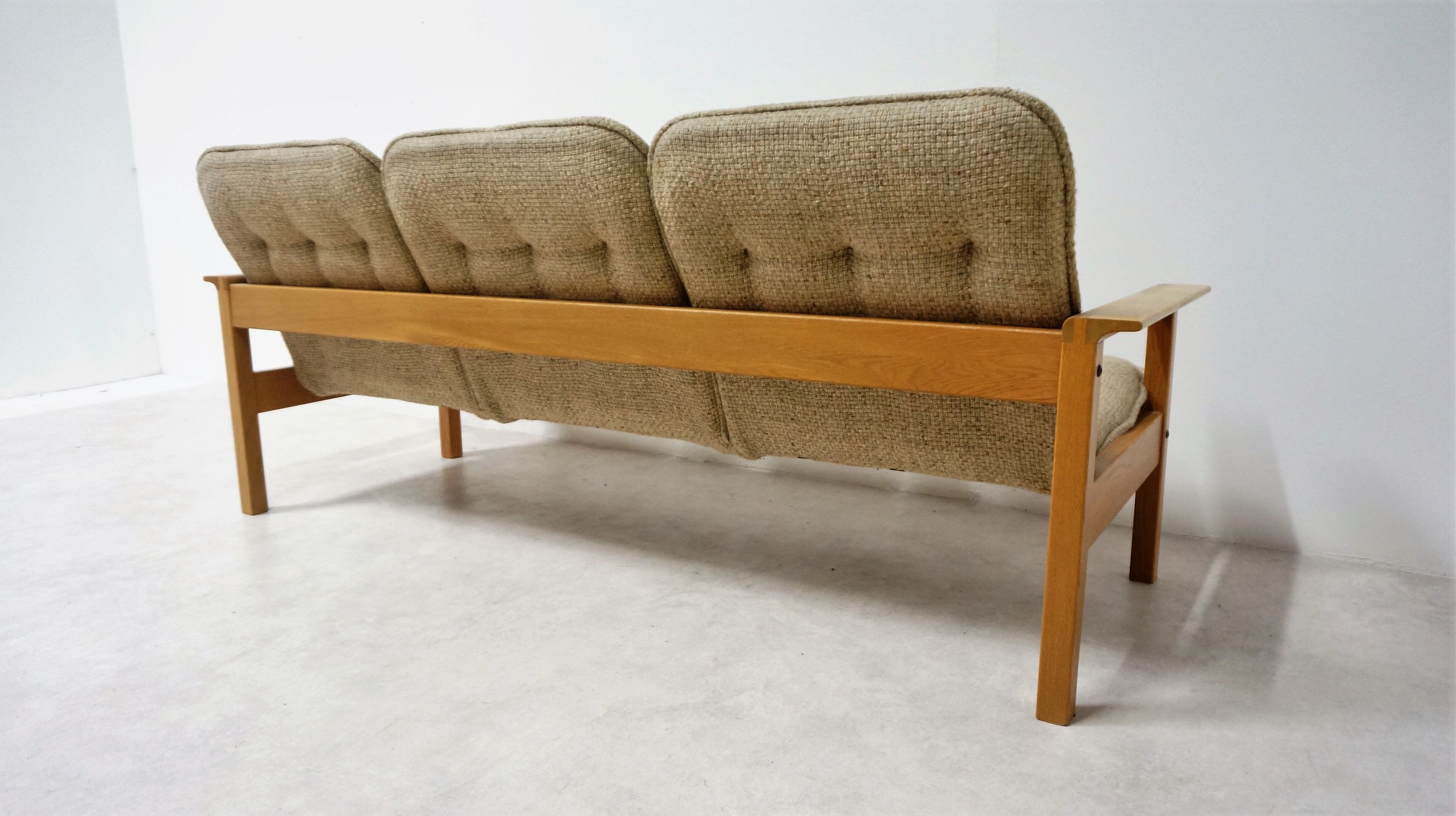 Vintage oak and fabric sofa