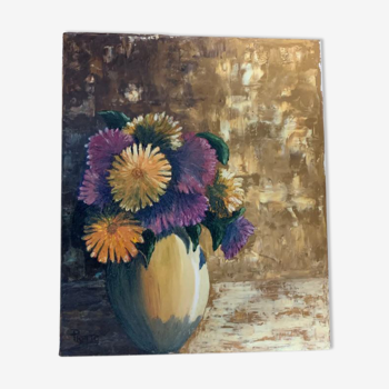 Huile sur toile, bouquet de fleurs