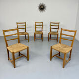 Set of 5 wooden chairs with rope seats, Scandinavian design, 1970s