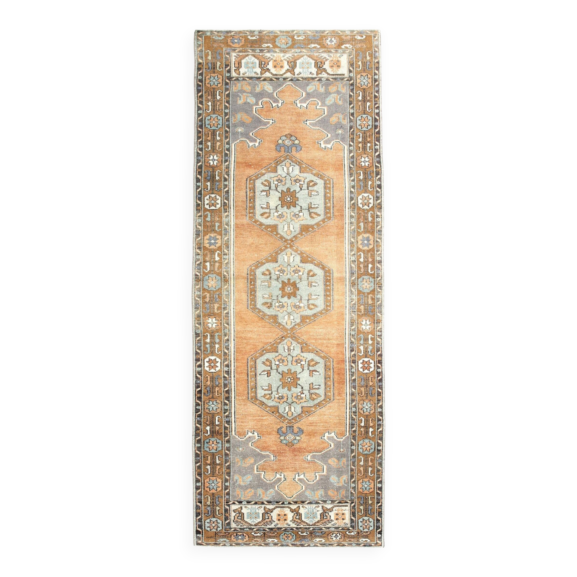 Green & Orange Wool Persian Runner Rug, 107x291Cm
