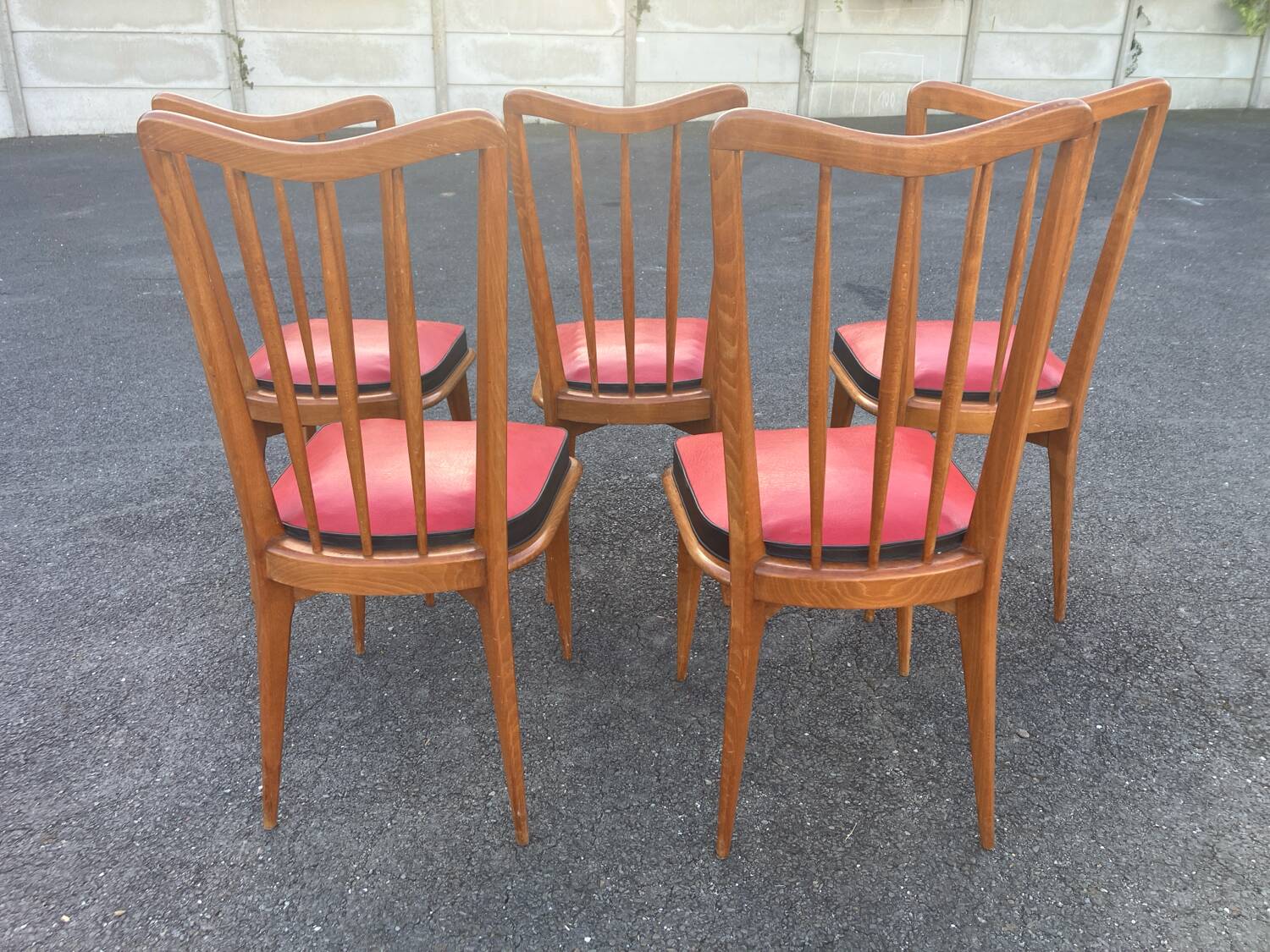 Set of five bistro chairs in wood and imitation leather, Charles Ramos Baumann style