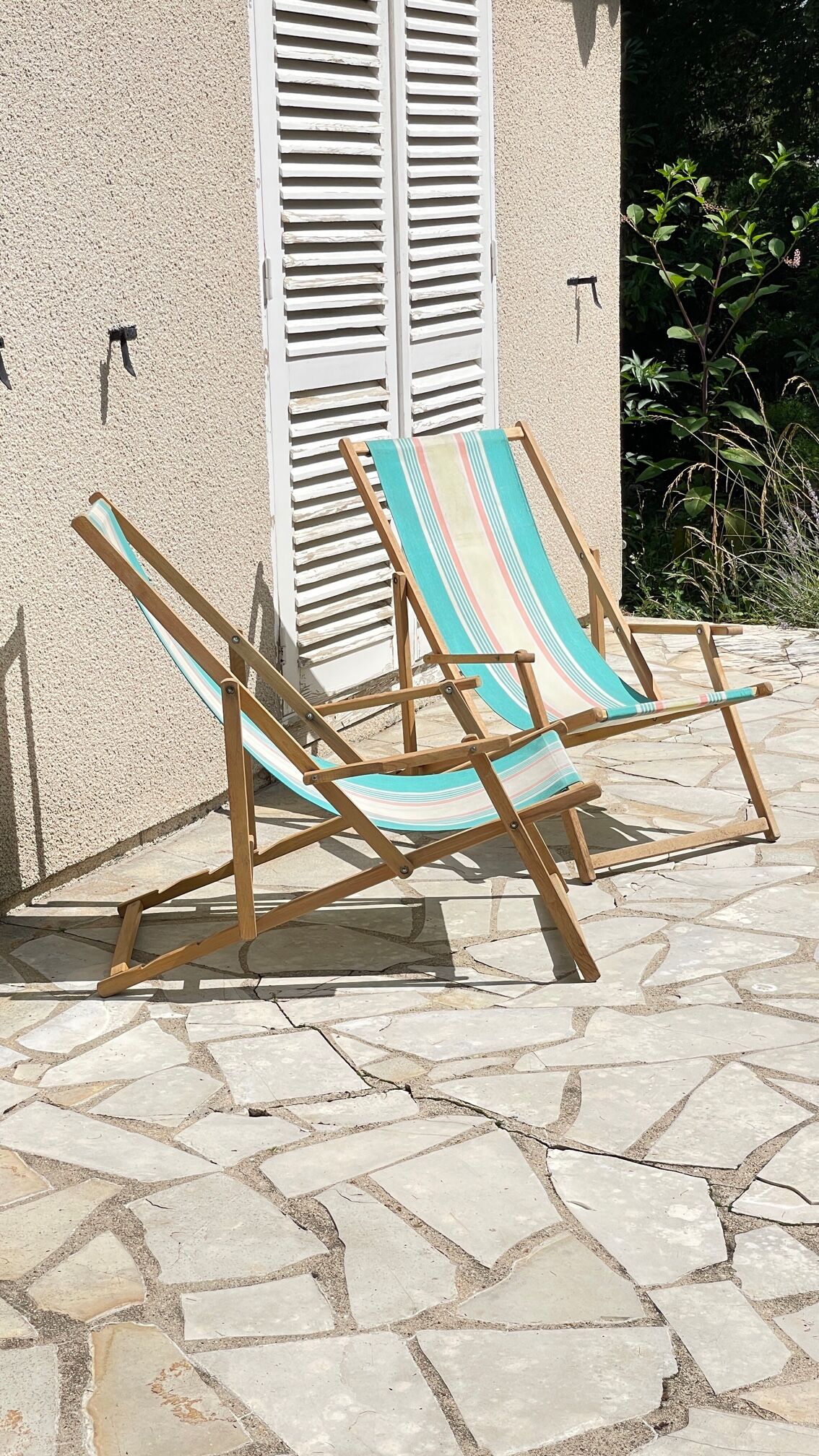 Transat pliant en bois et toile vintage