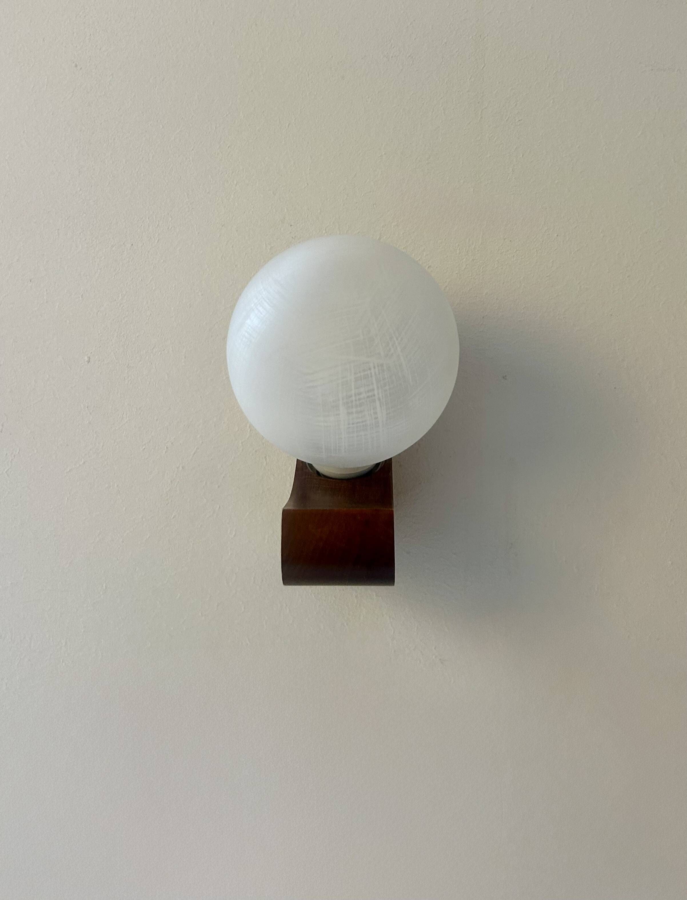 Pair of vintage wall lights, wood and opaline glass, France, 1970