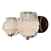 Pair of swan neck wall lights in chrome metal and vintage thick bubbled glass globes LAMP-7029