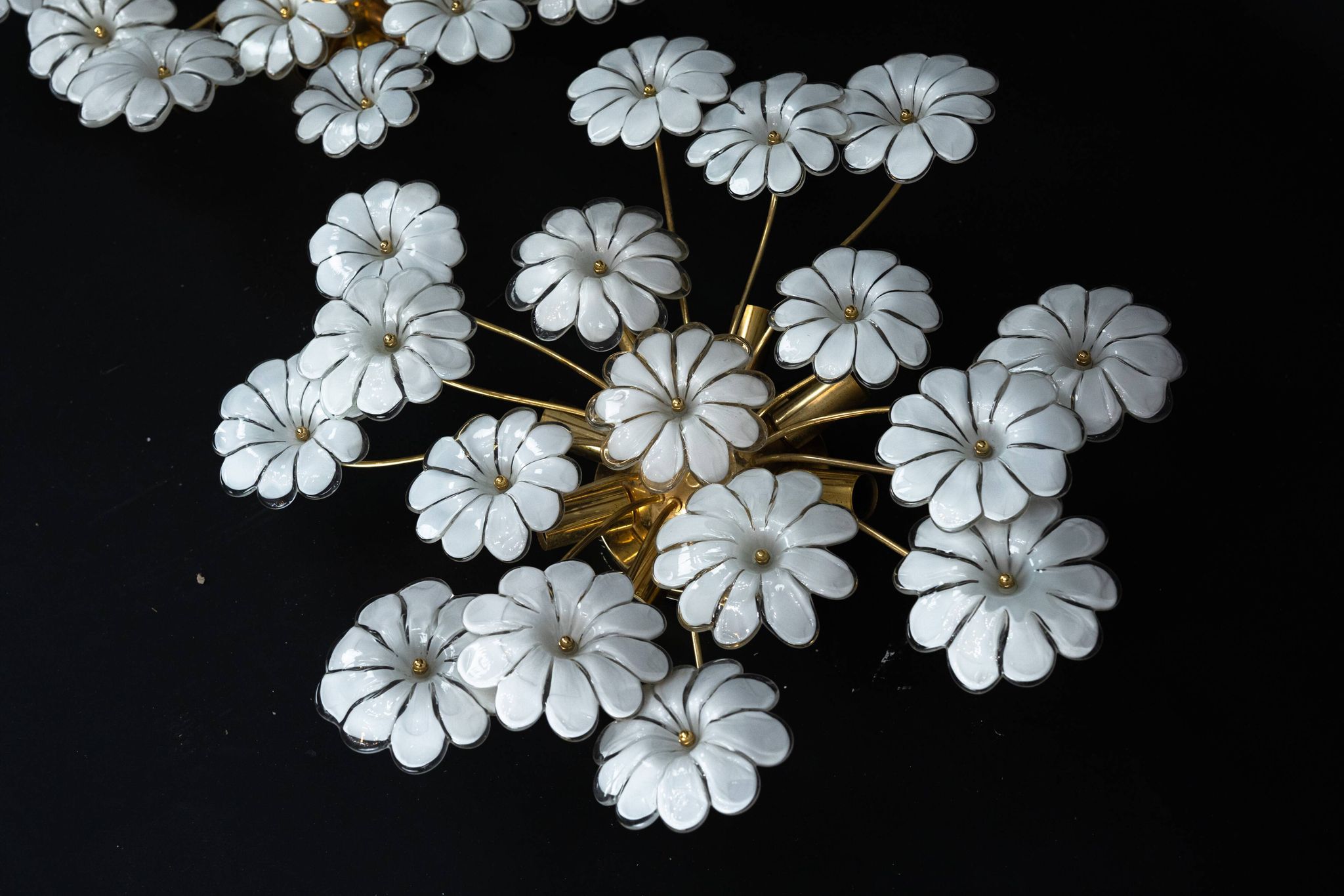 Pair of Murano white flower ceiling lamps. Italy 1980s