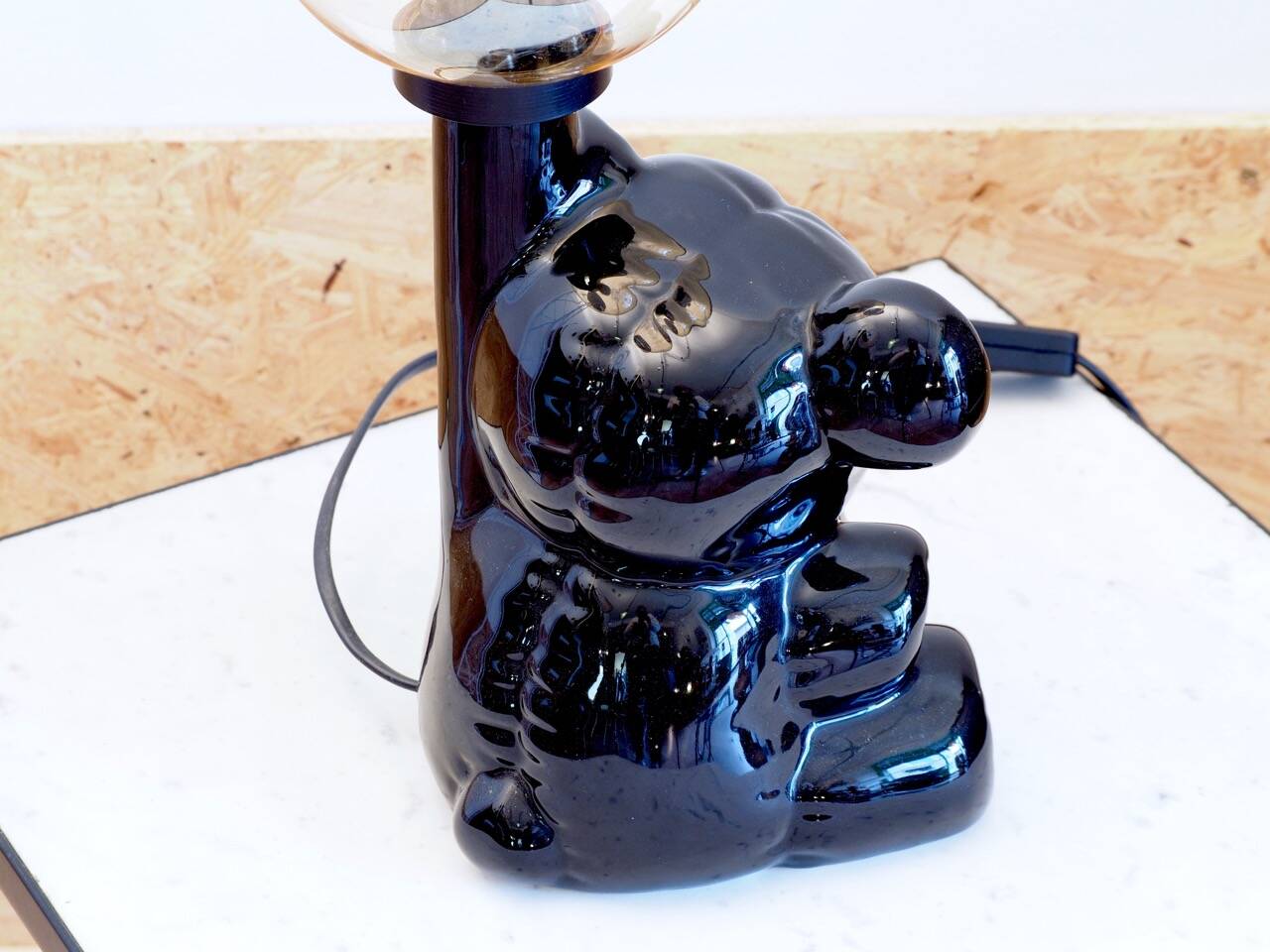 Ceramic bear lamp with vintage amber globe