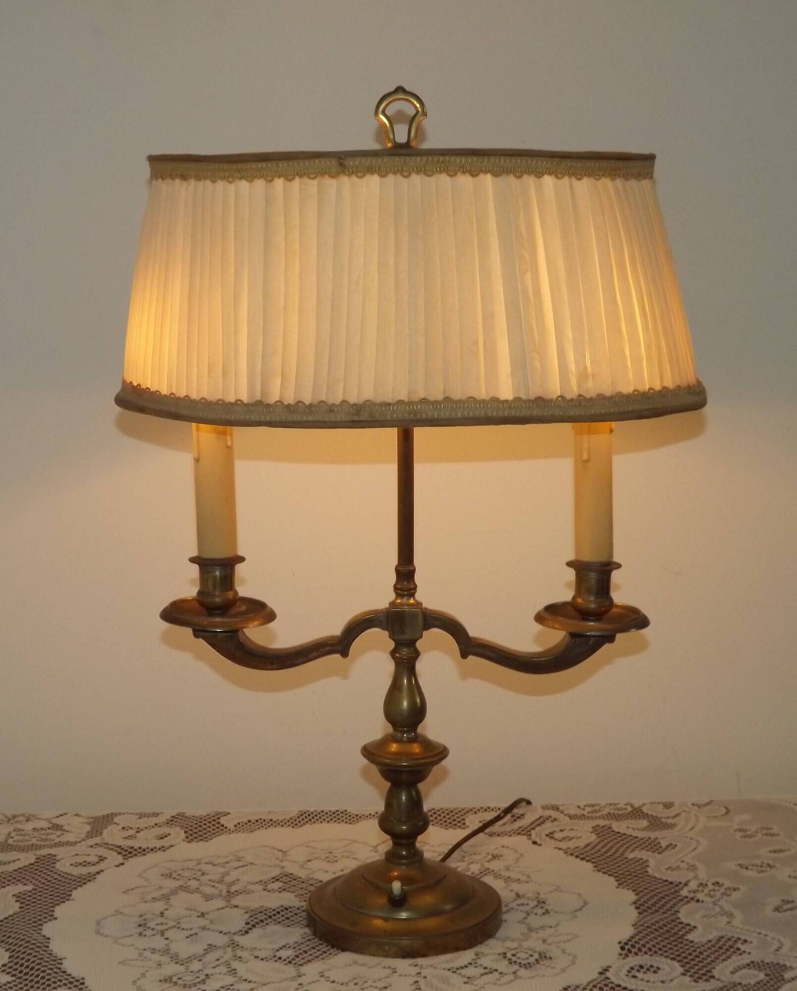 2 Light French Vintage Brass Boulotte Table Lamp With Cream Pleated Shade 5