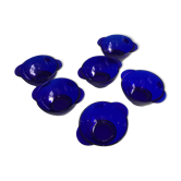 Six blue Duralex ear bowls
