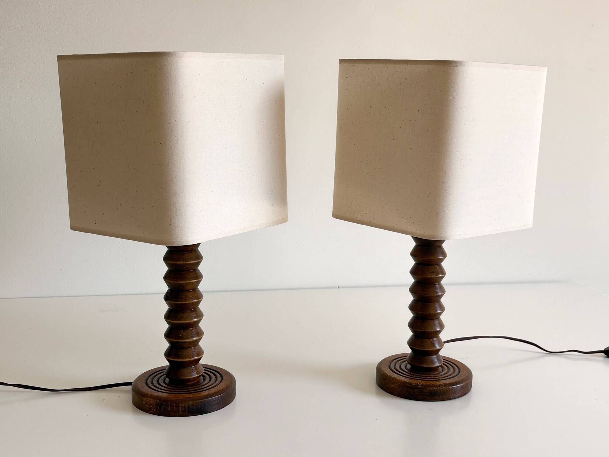 Pair of French Art Deco Wooden Table Lamps Attributed to Charles Dudouyt