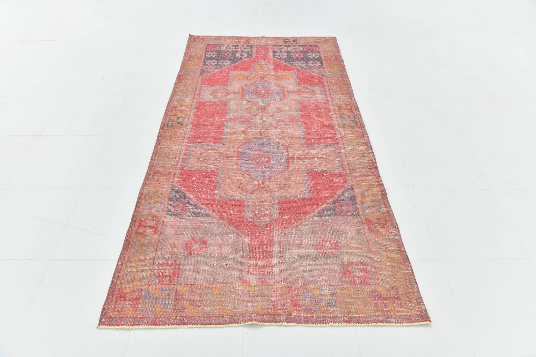 4x7 Vintage Pale Red Geometric Turkish Rug, 117x228Cm