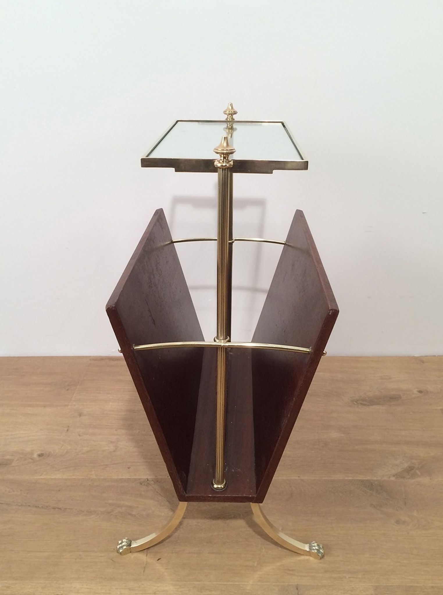 Neoclassical magazine rack in mahogany and brass