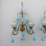 Pair of vintage wall lamps Murano blue opaline tassels