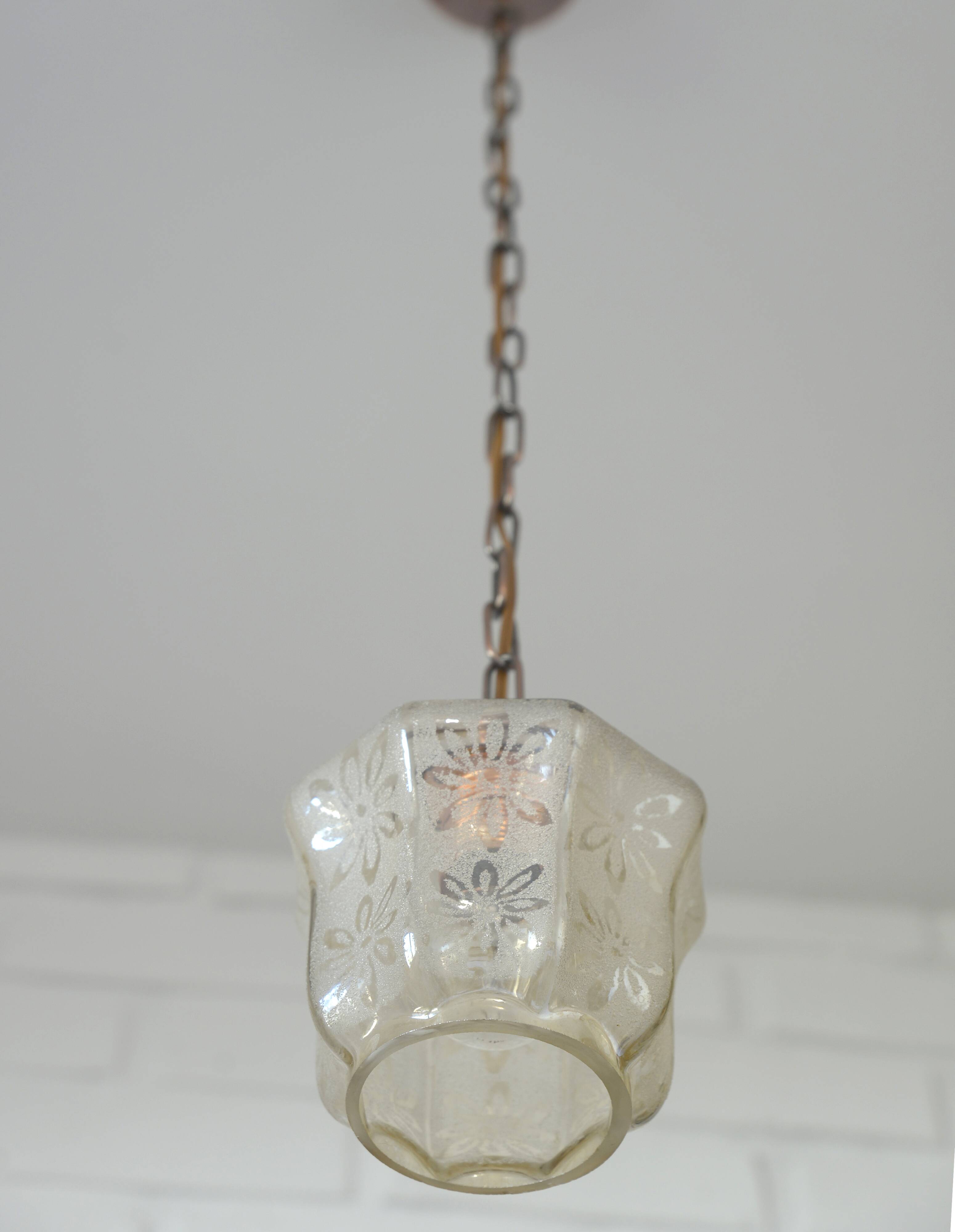 Vintage copper pendant light / amber glass and rustic chain hanging lamp