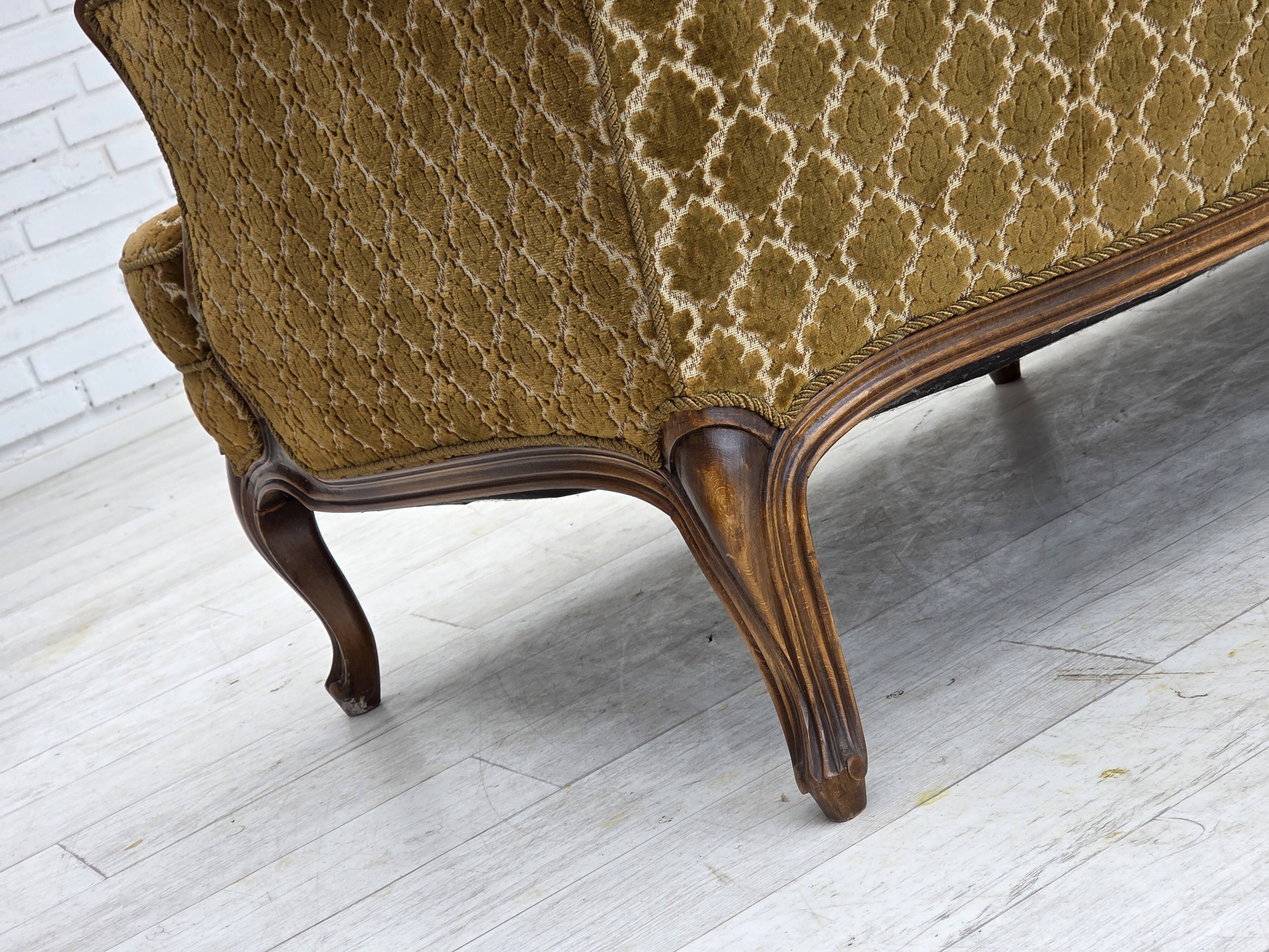 1950s, Danish 3-seater sofa, furniture velour, carved ash wood.