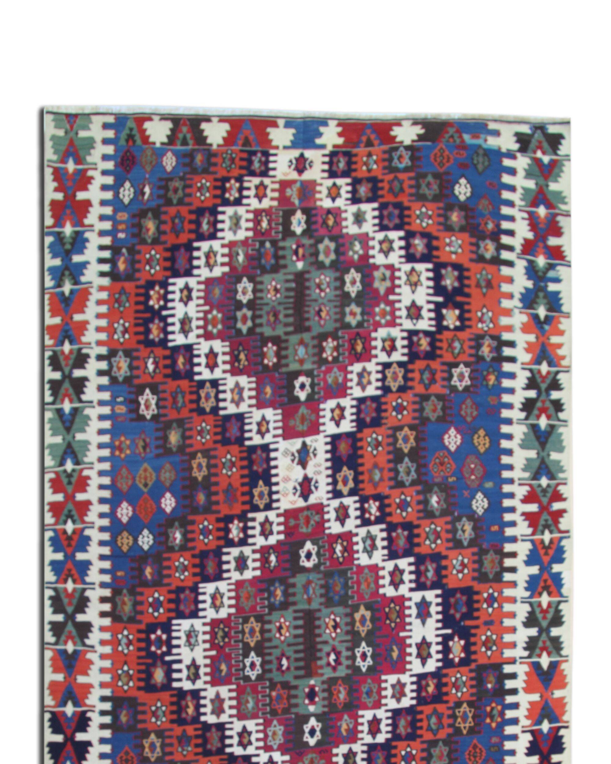 Konya Kilim Runner Rug 1930s, Tribal Geometric Wool Flatweave 350x170cm