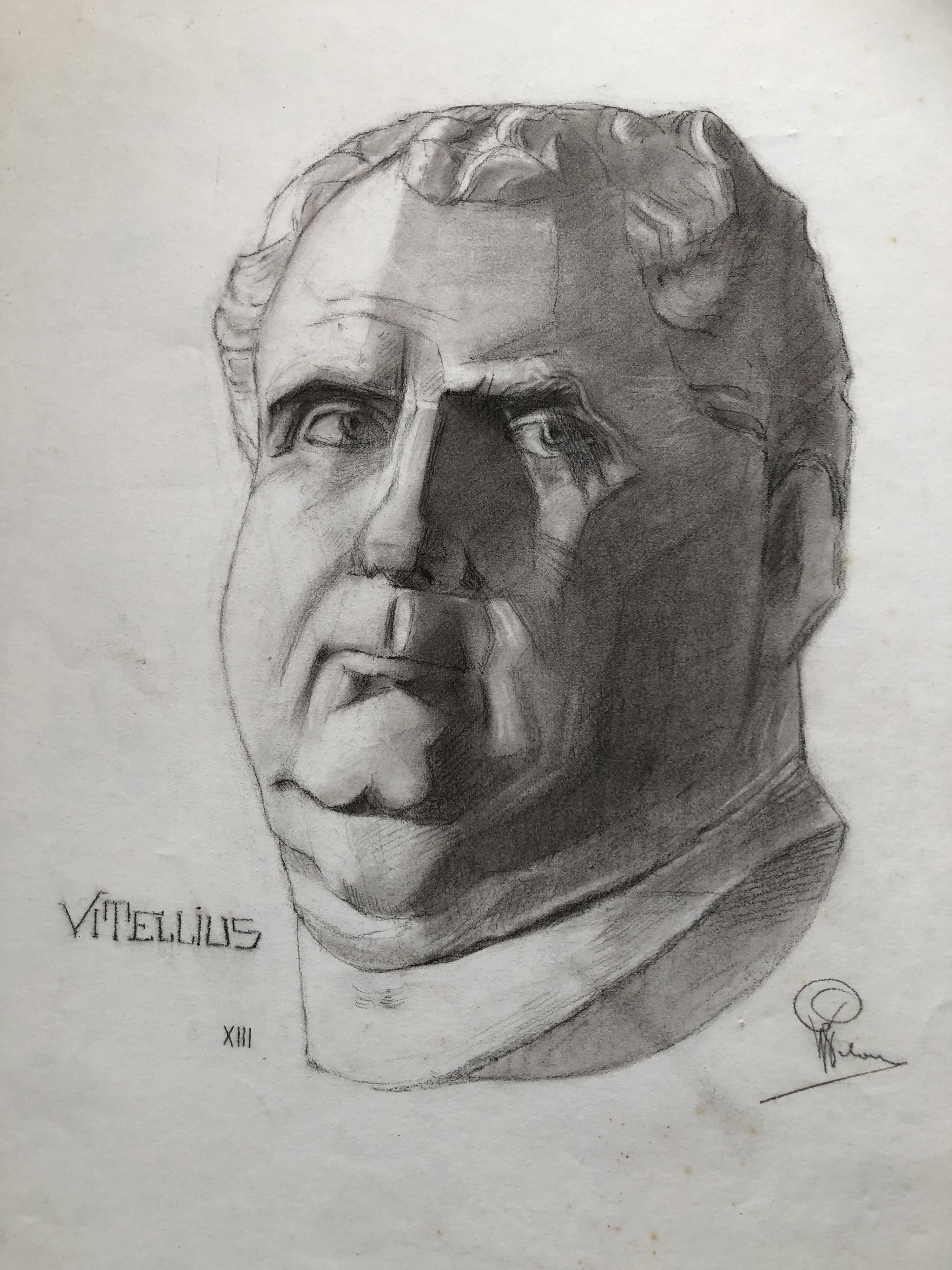 Charcoal drawing: face of roman emperor vitellius, signed w. peloux, antique, fine arts, fabriano
