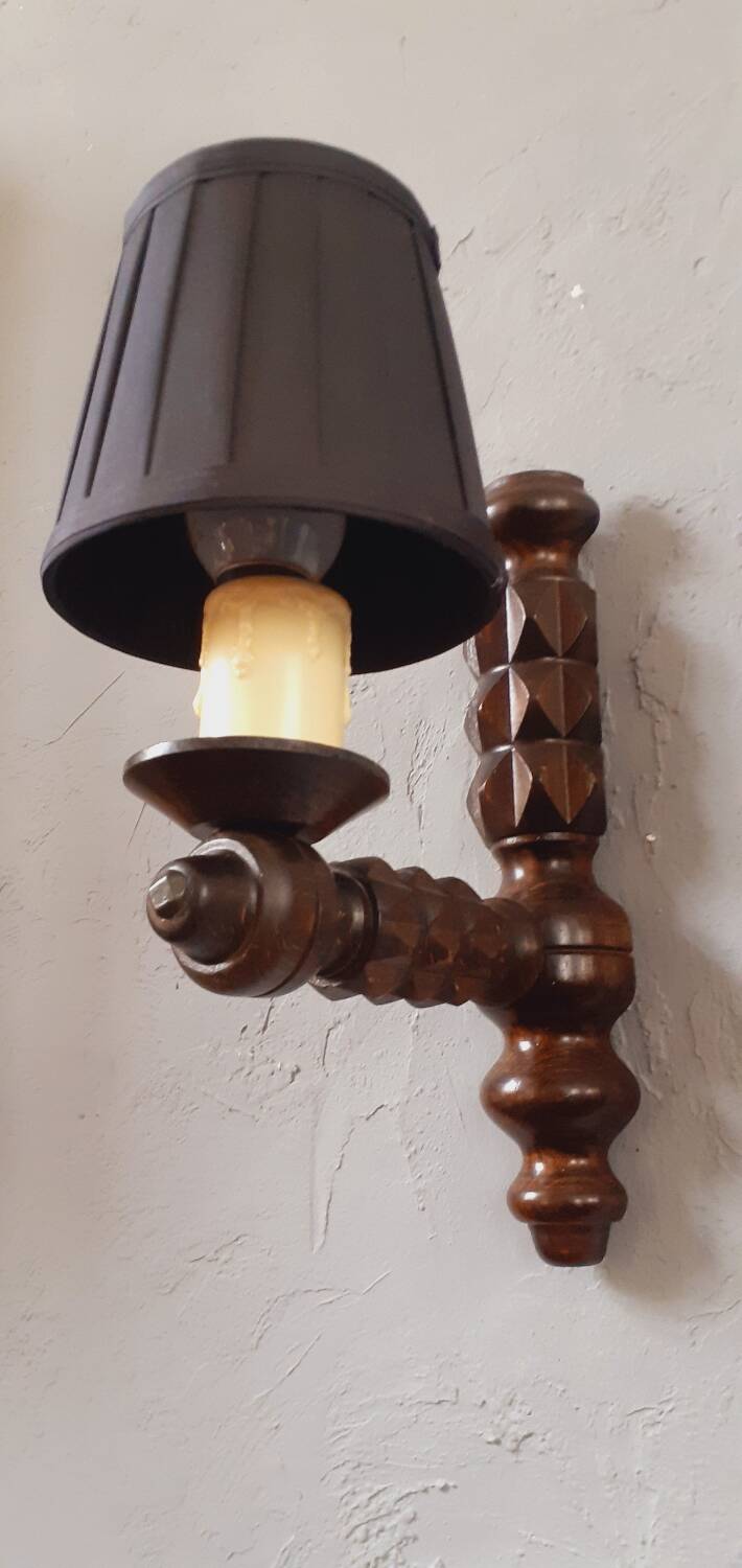 Pair of 60s Brutalist wall lights in varnished wood