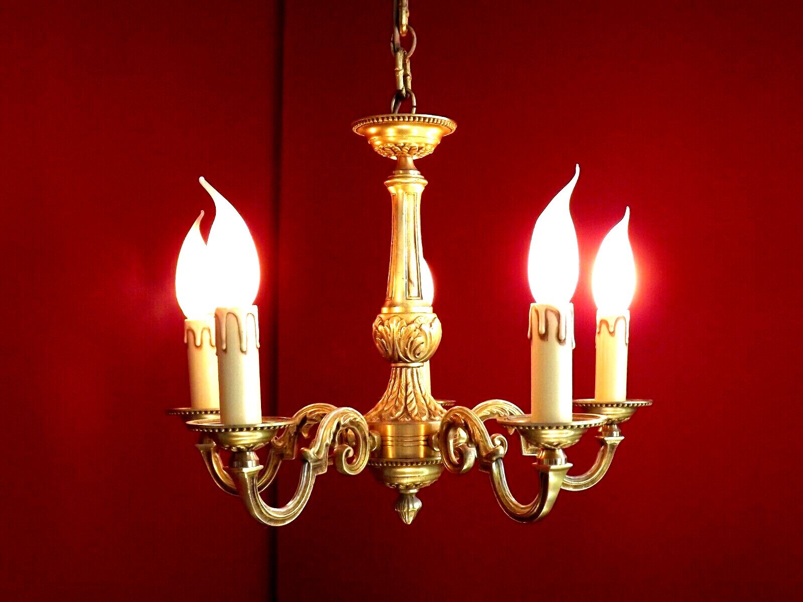 French 5 light quality bronze chandelier scroll acanthus leaf arms
