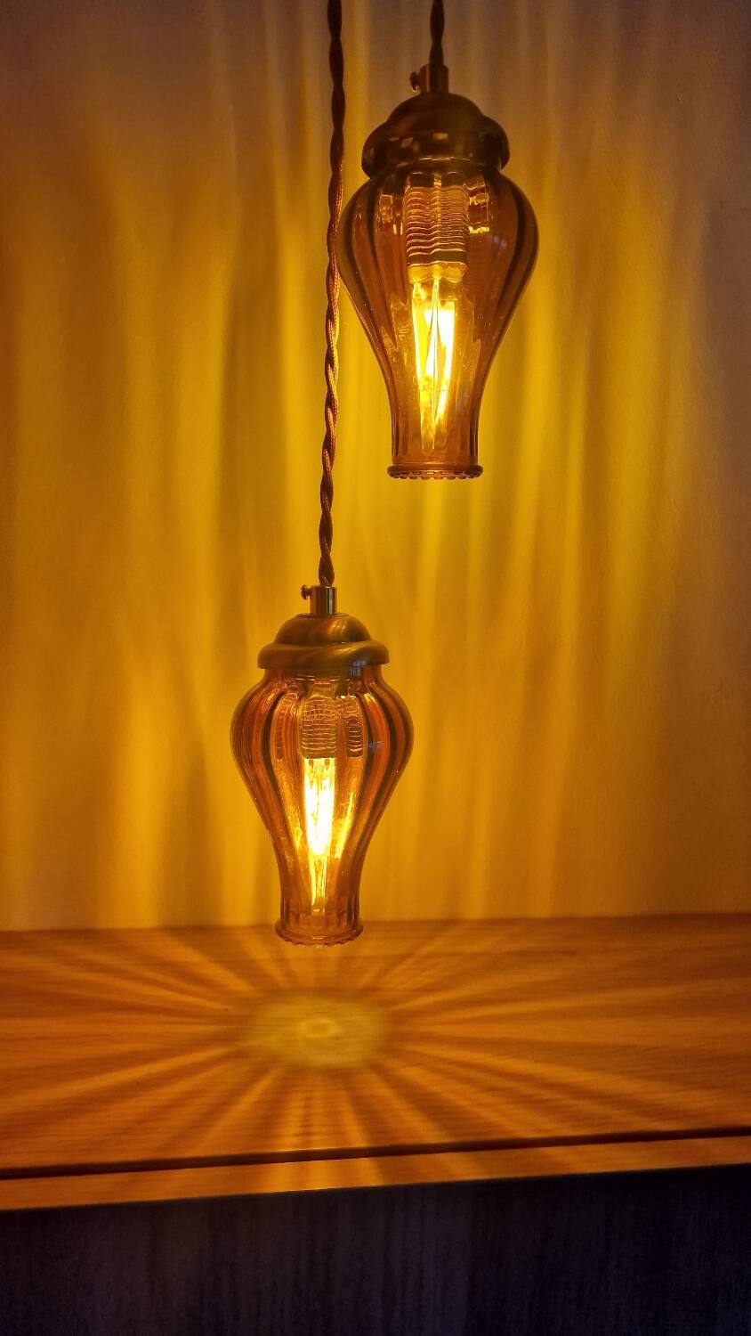 Duo of brown smoked glass portable lamps