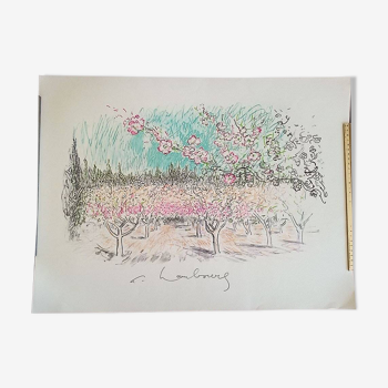Art print on arches sheet - 48 x 65 cm, signed, apple trees in bloom