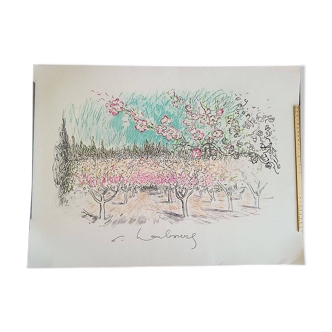 Impression d'art sur feuille d'arches - 48 x 65 cm , signé, pommiers en fleurs