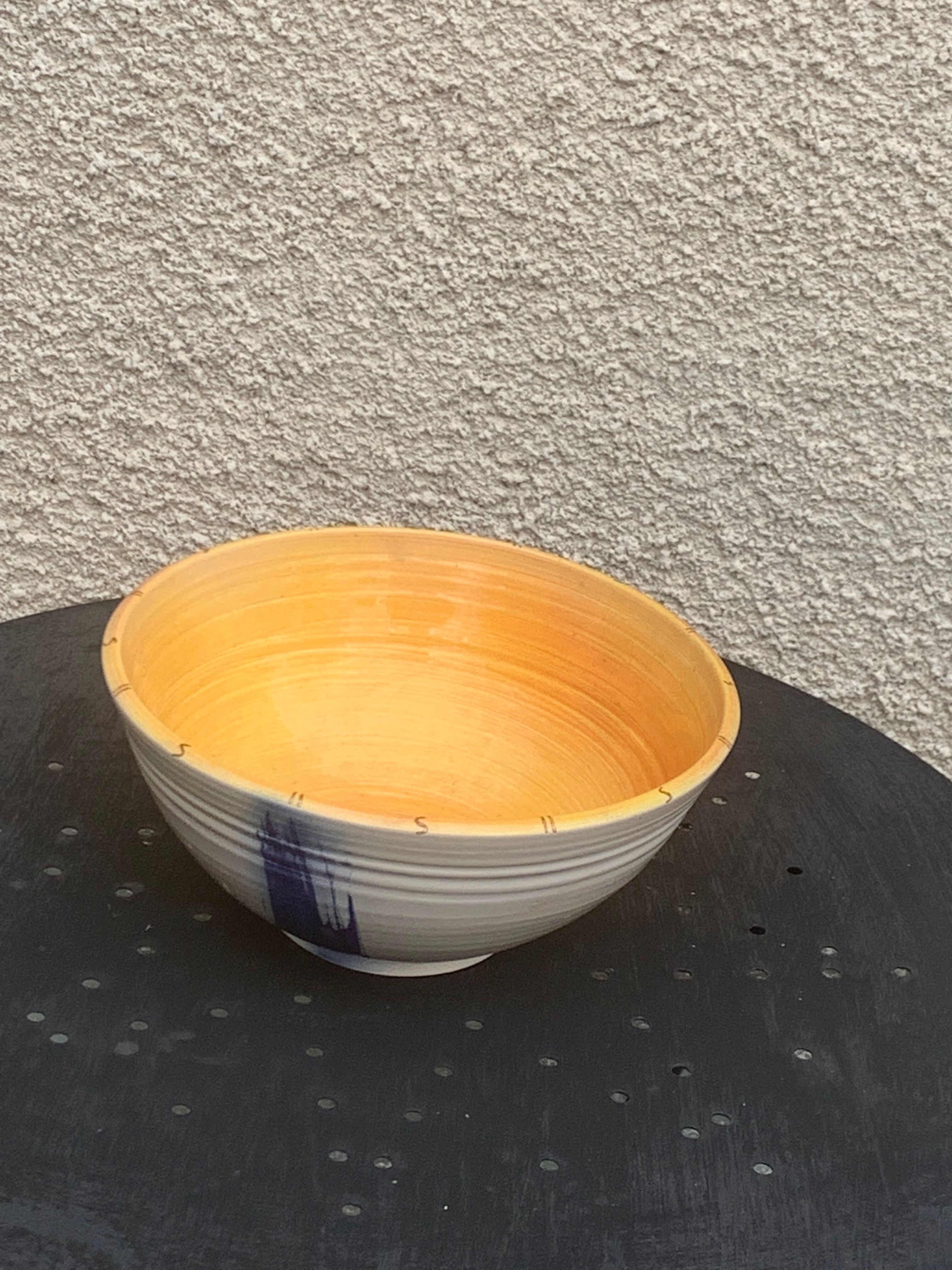 Glazed ceramic salad bowl signed by ceramicist Sarah Semplay vintage