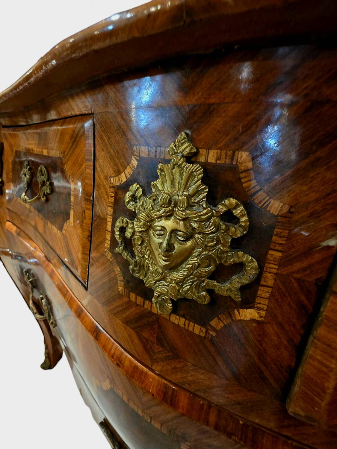 Louis XV style commode in marquetry and gilded bronze