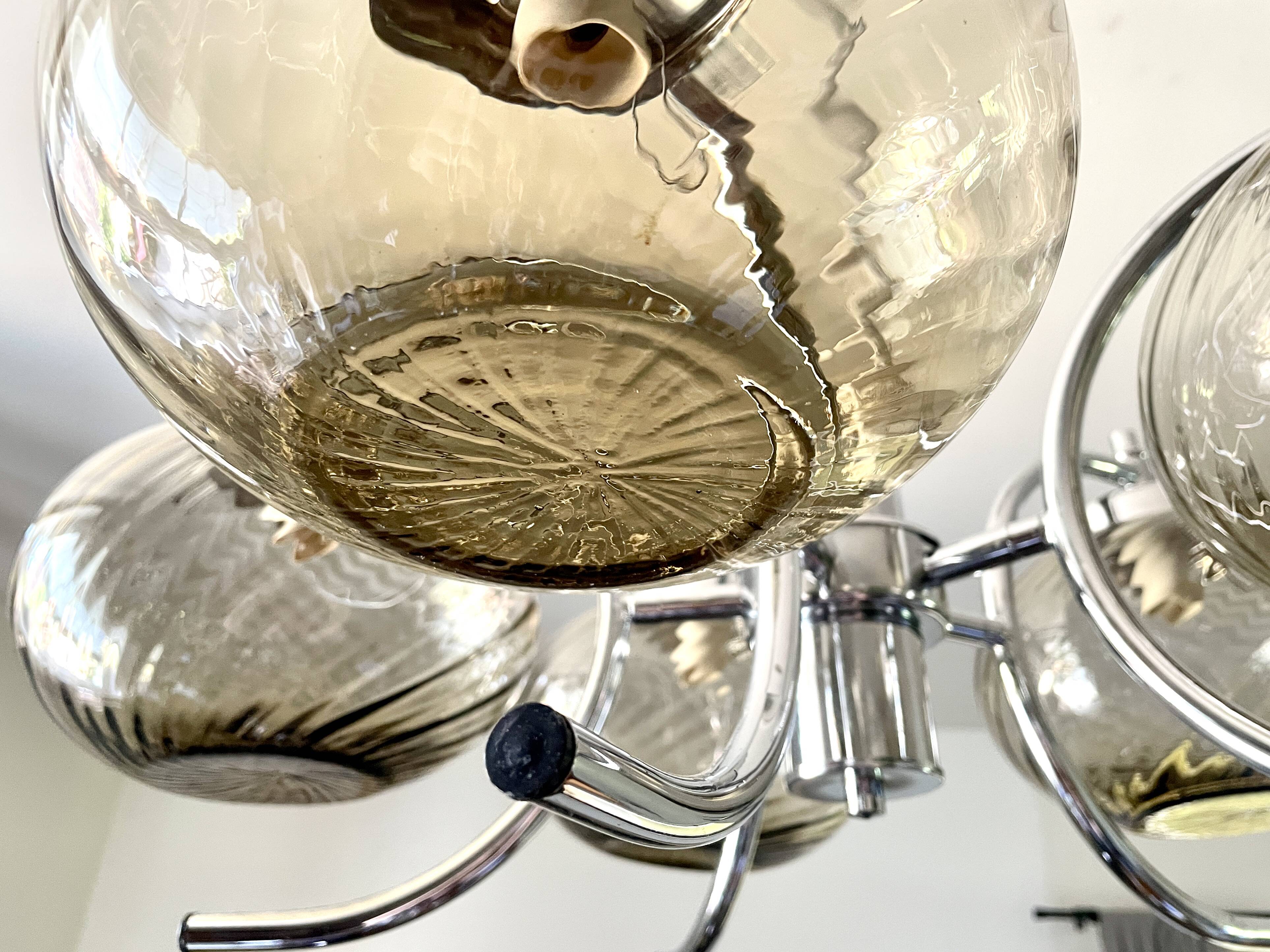 Large chrome and smoked glass chandelier 1970