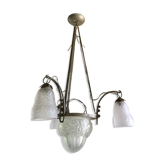 Art Deco wrought iron chandelier 1930 tulips glass paste