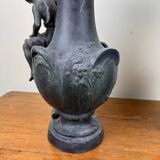 François Moreau: Pair of vases with Napoleon III period characters in regula with bronze patina