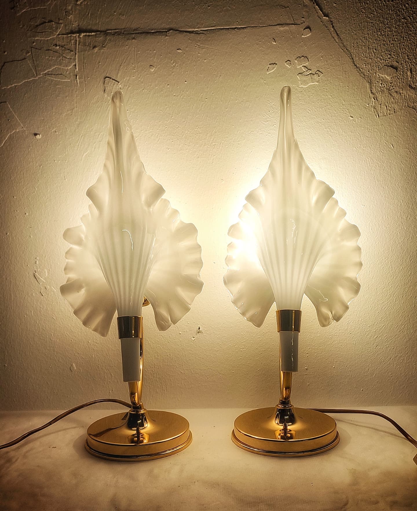 Pair of table lamps calla lily "Franco Luce" murano glass. Italy 1960s.