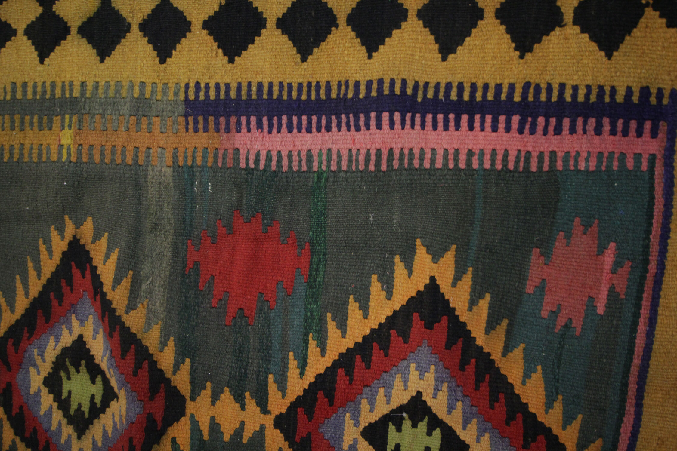 Vintage Green Tribal Wool Kilim Rug, Caucasian Flat woven Carpet-152x290cm