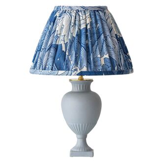 Neoclassical blue ceramic table lamp, pleated William Morris Acanthus shade.