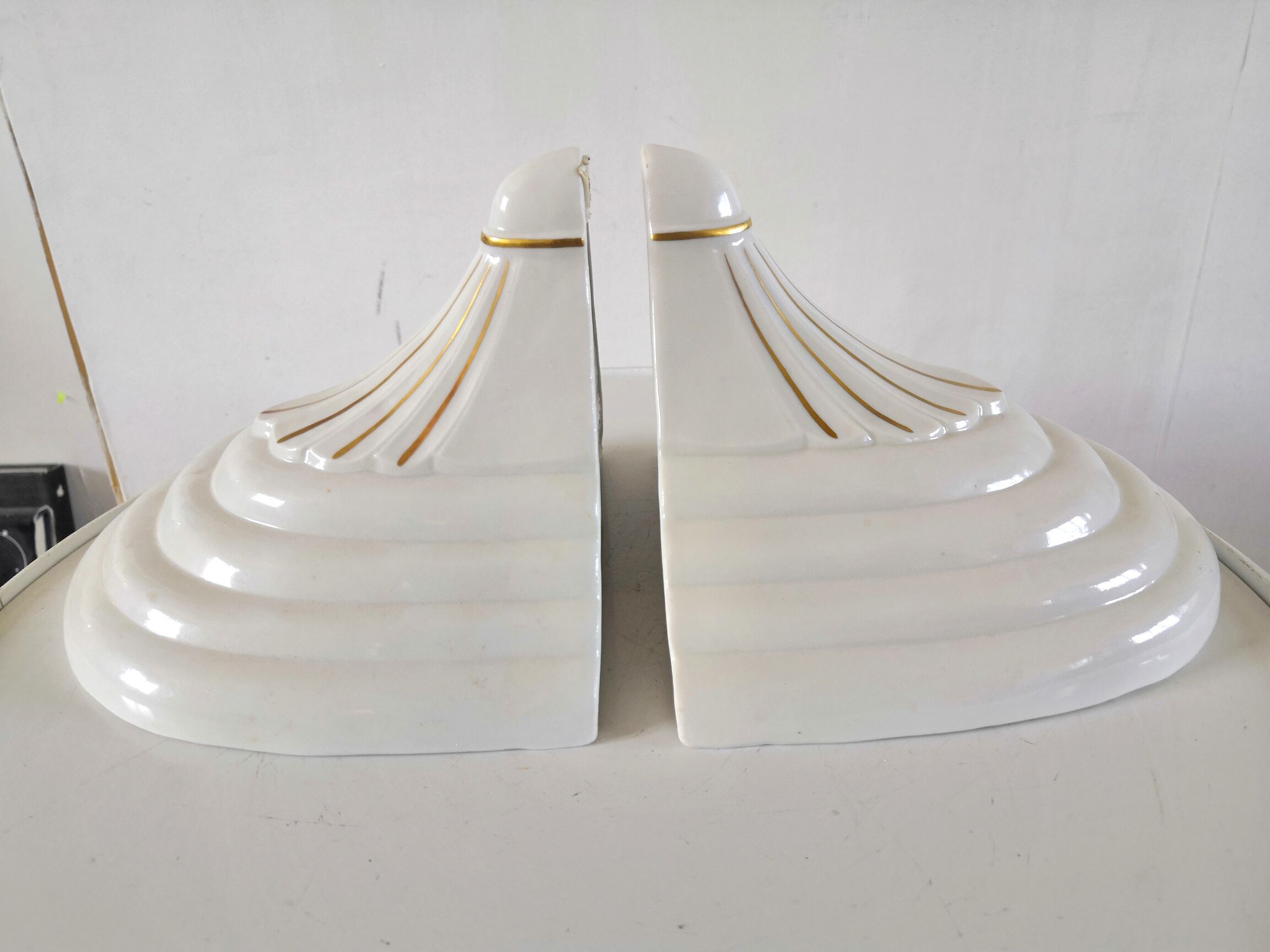 Pair of old ceramic monogrammed consoles or tablets