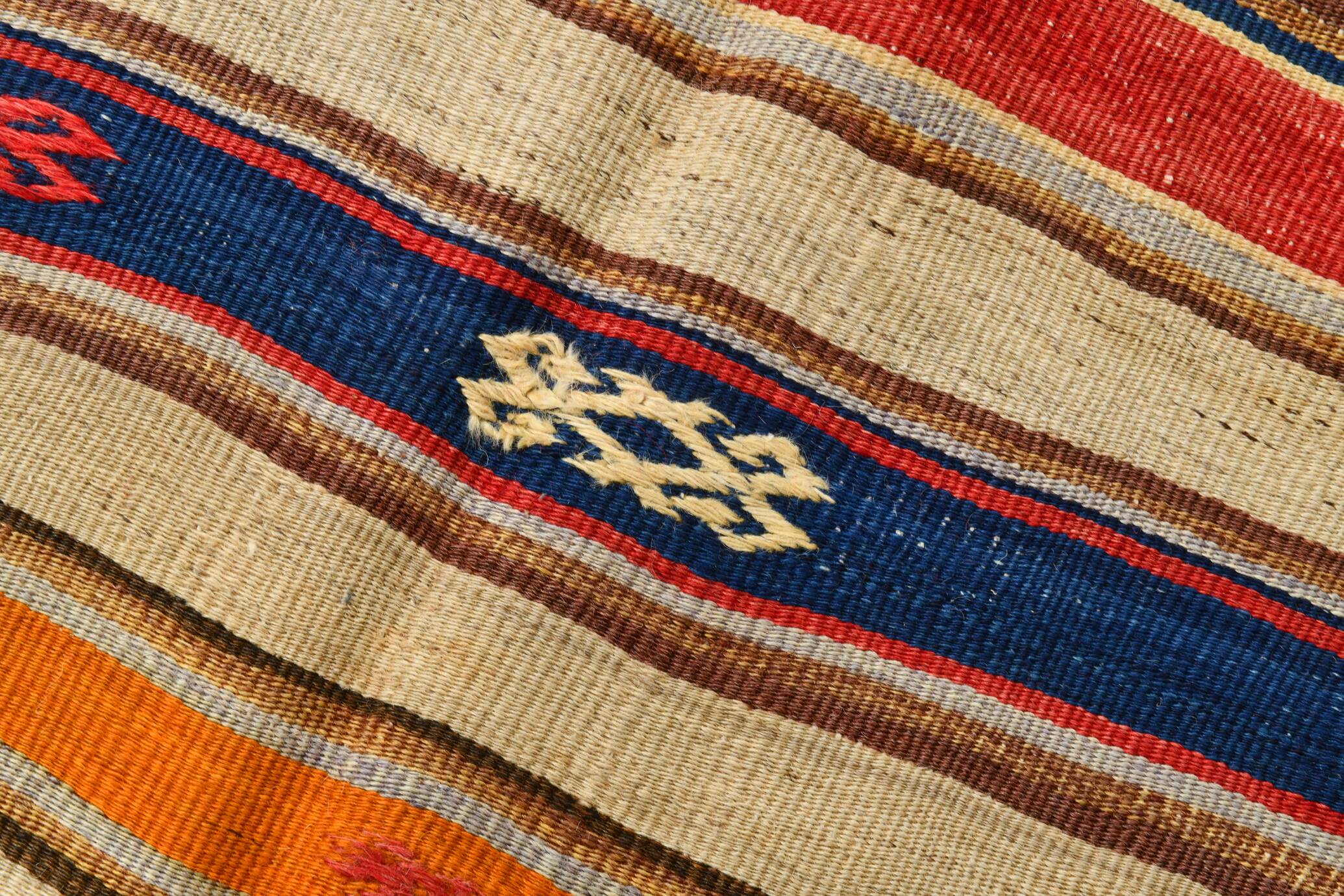 Cream Blue Striped Pattern Vintage Kilim Rug, 162x267Cm