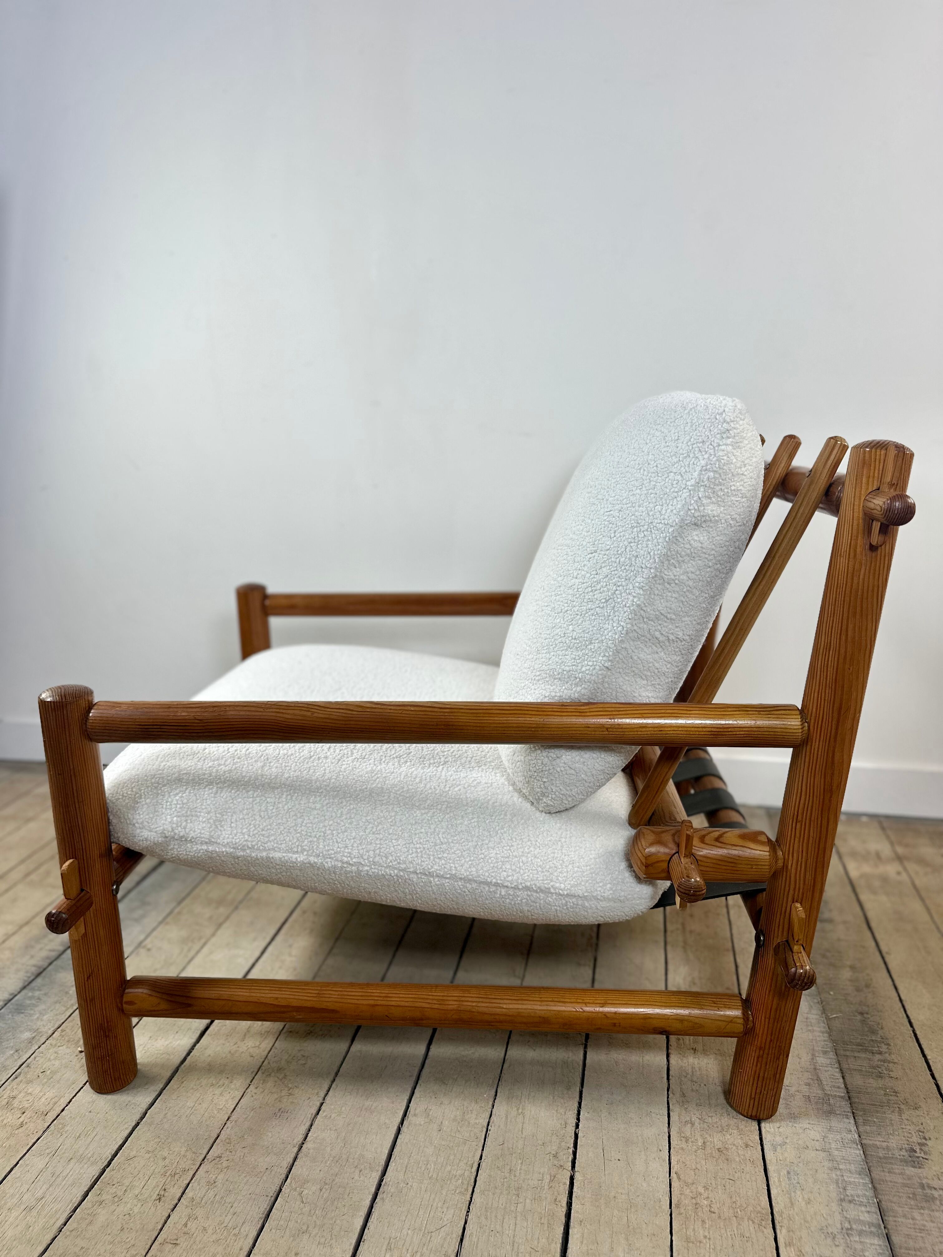 Vintage Lounge Armchair Solid Pine 1970 Boucle Fabric Ecru