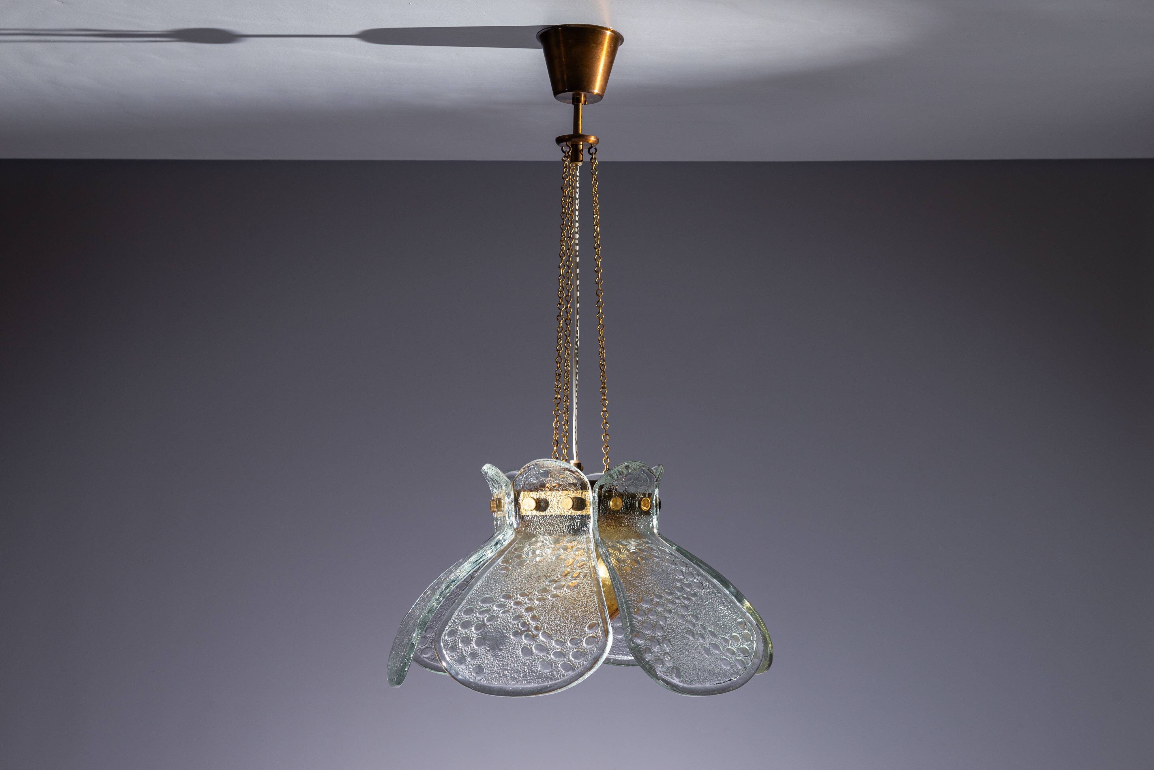 Swedish pendant with glass leaf shades and a center shade of amber coloured