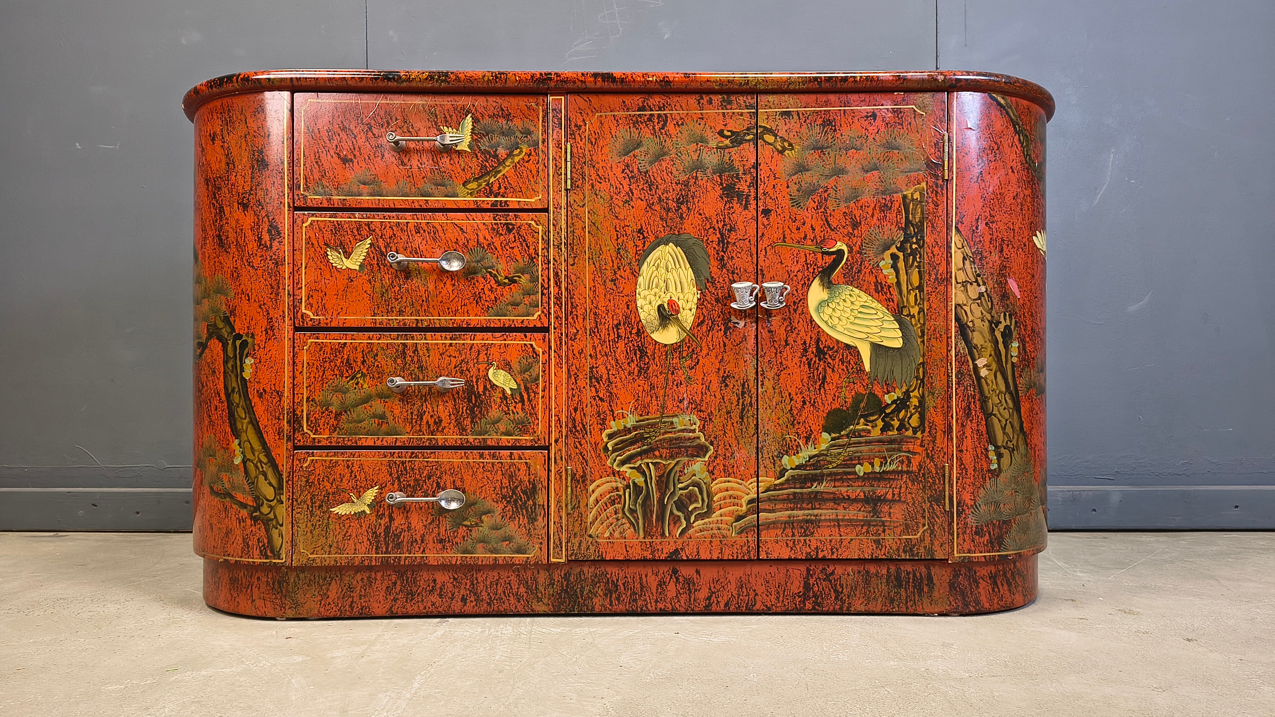 Vintage red chinoiserie cabinet, 1970s