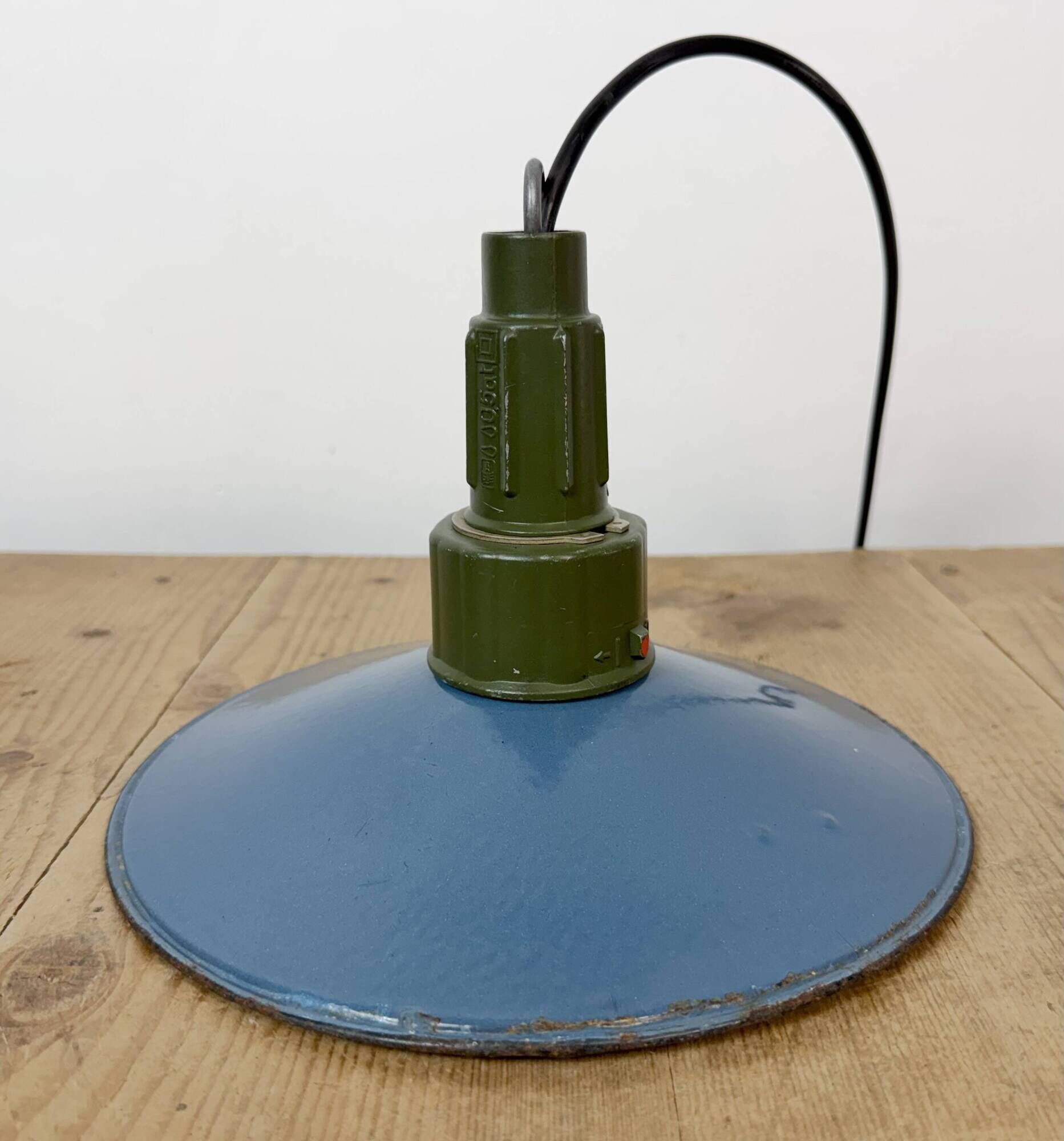 Industrial Blue Enamel Military Pendant Lamp with Cast Aluminium Top, 1960s