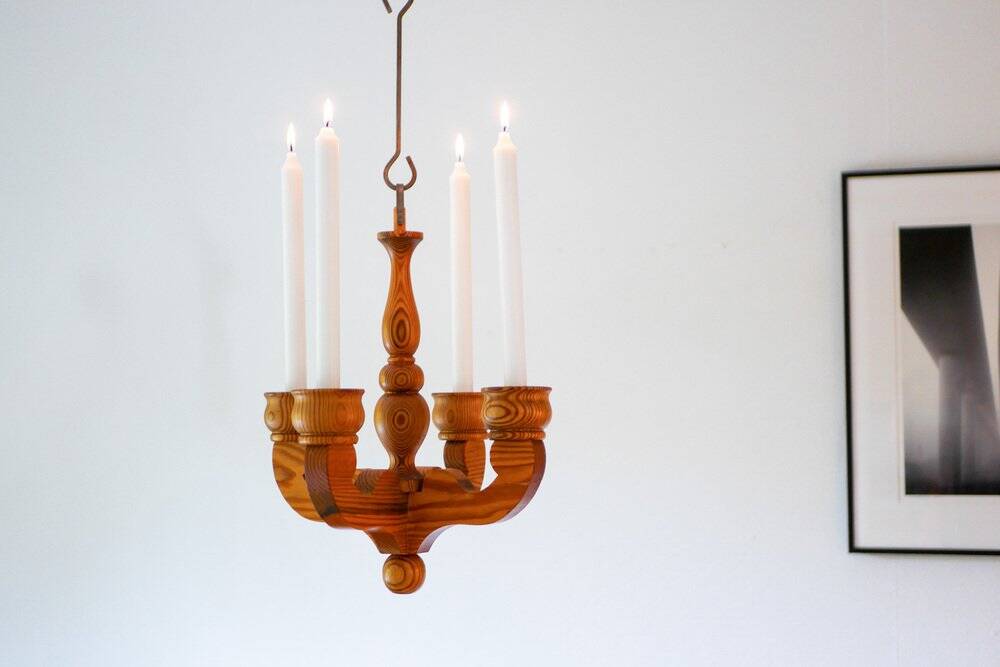 Rustic wooden pendant chandelier candleholder from Smålandsslöjd, Sweden, 1975