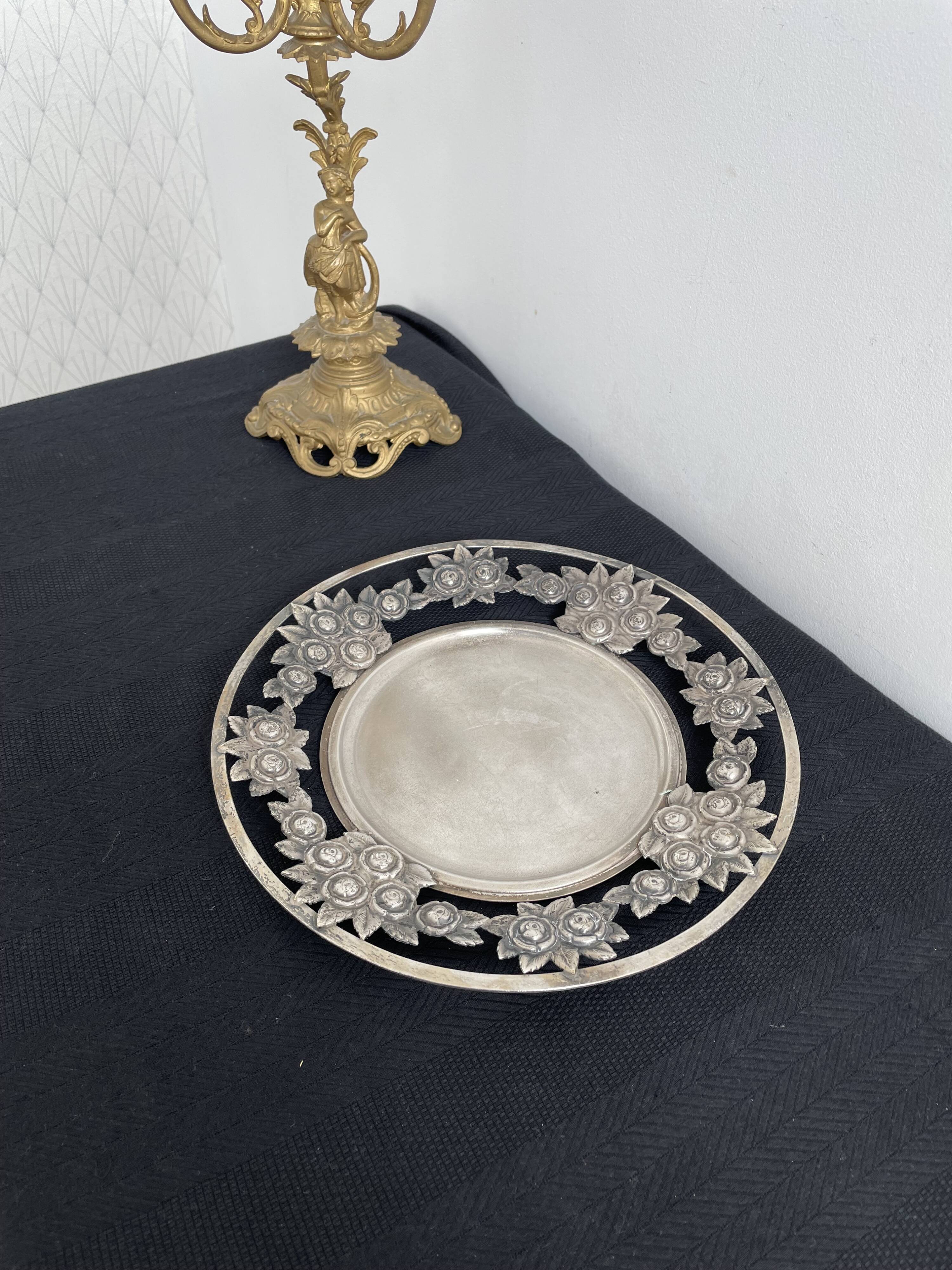 Vintage, round dish, silver metal, stylized leaf and rose decoration, French work, France