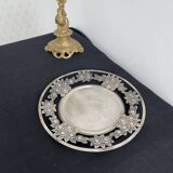 Vintage, round dish, silver metal, stylized leaf and rose decoration, French work, France