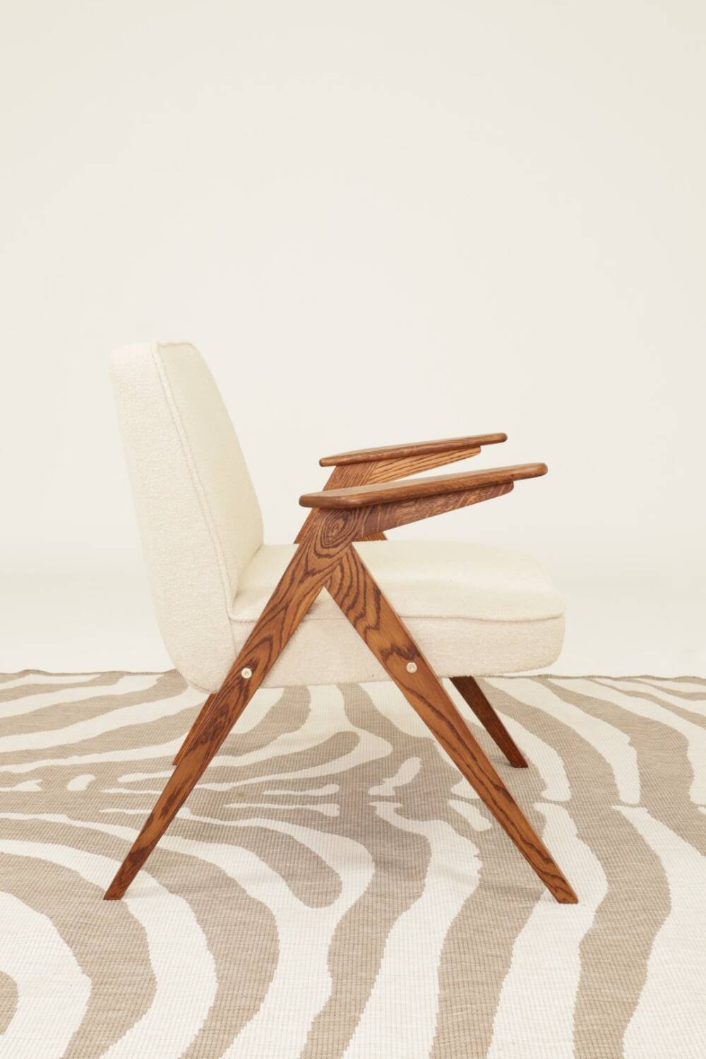 Scandinavian beige boucle armchair modern design rustic oak