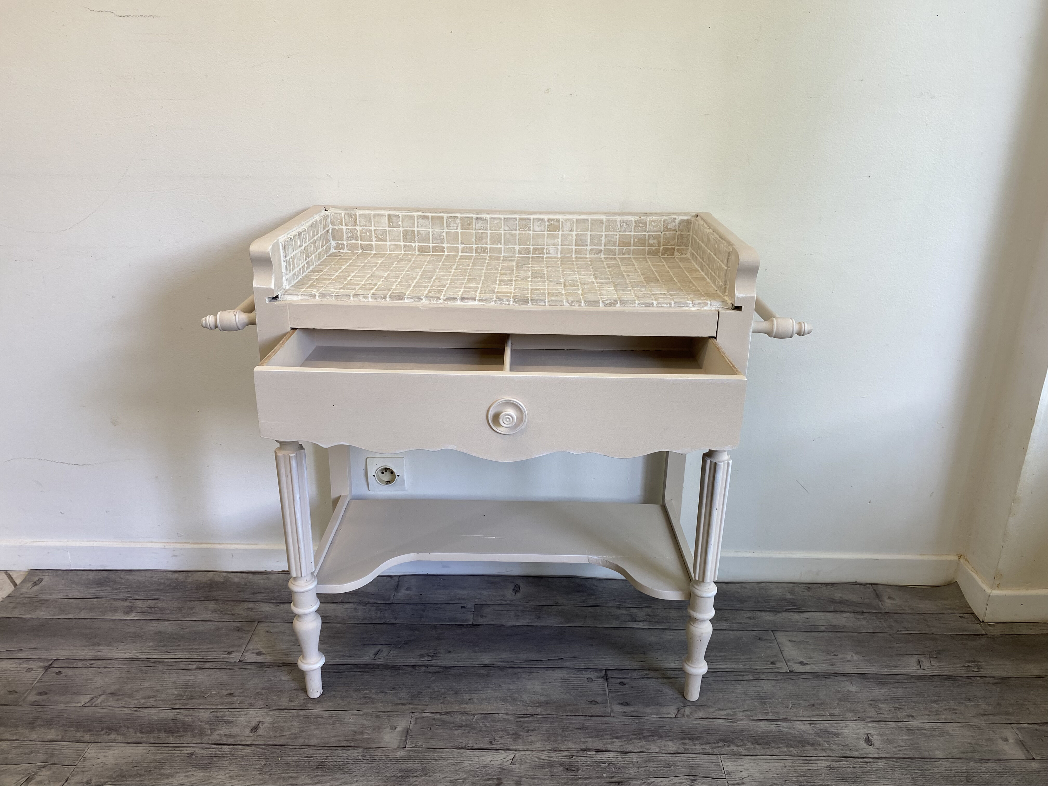 Dressing table bathroom restored wood tray earthenware beige