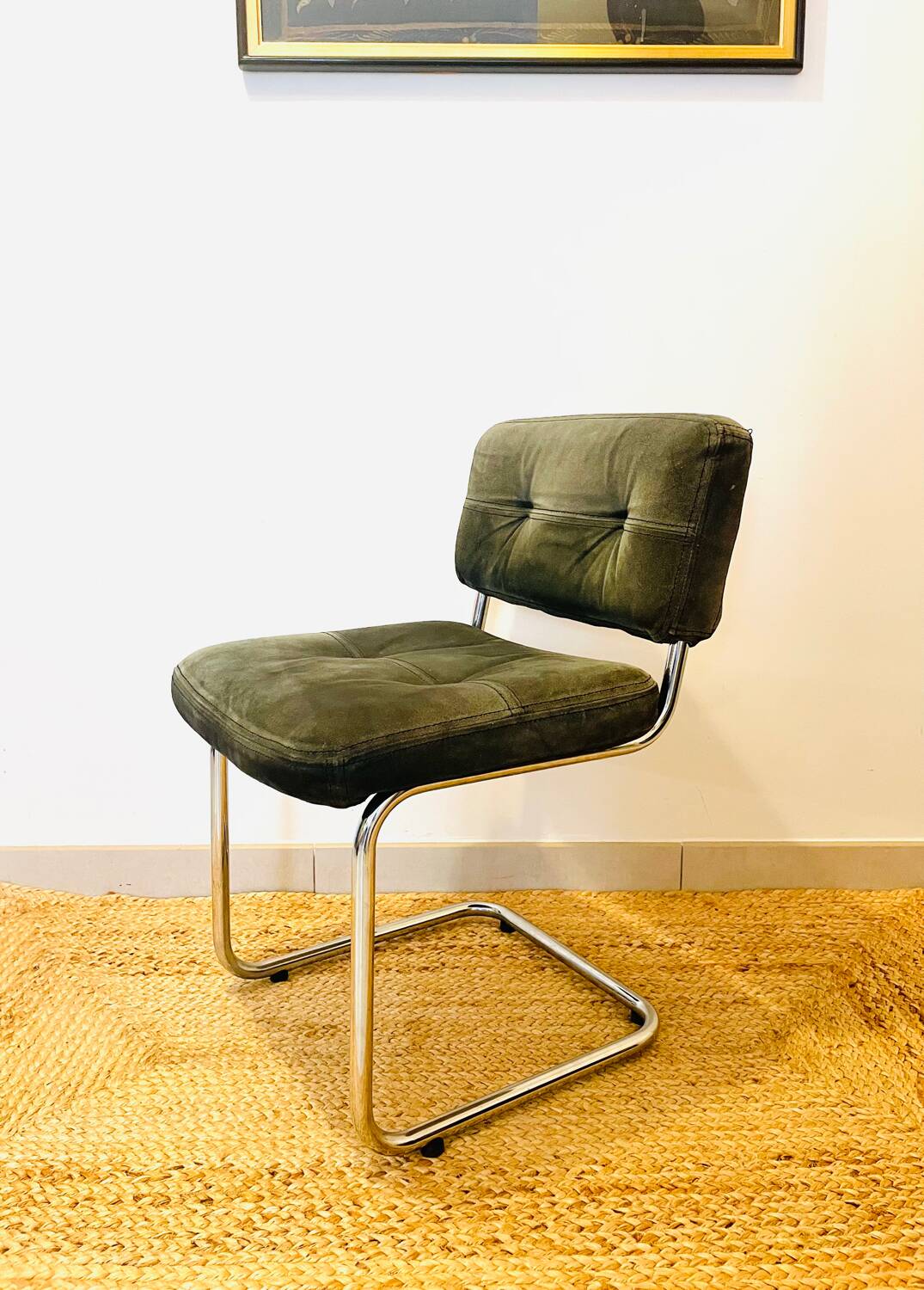 Vintage Roche Bobois chair in green suede Year 1970