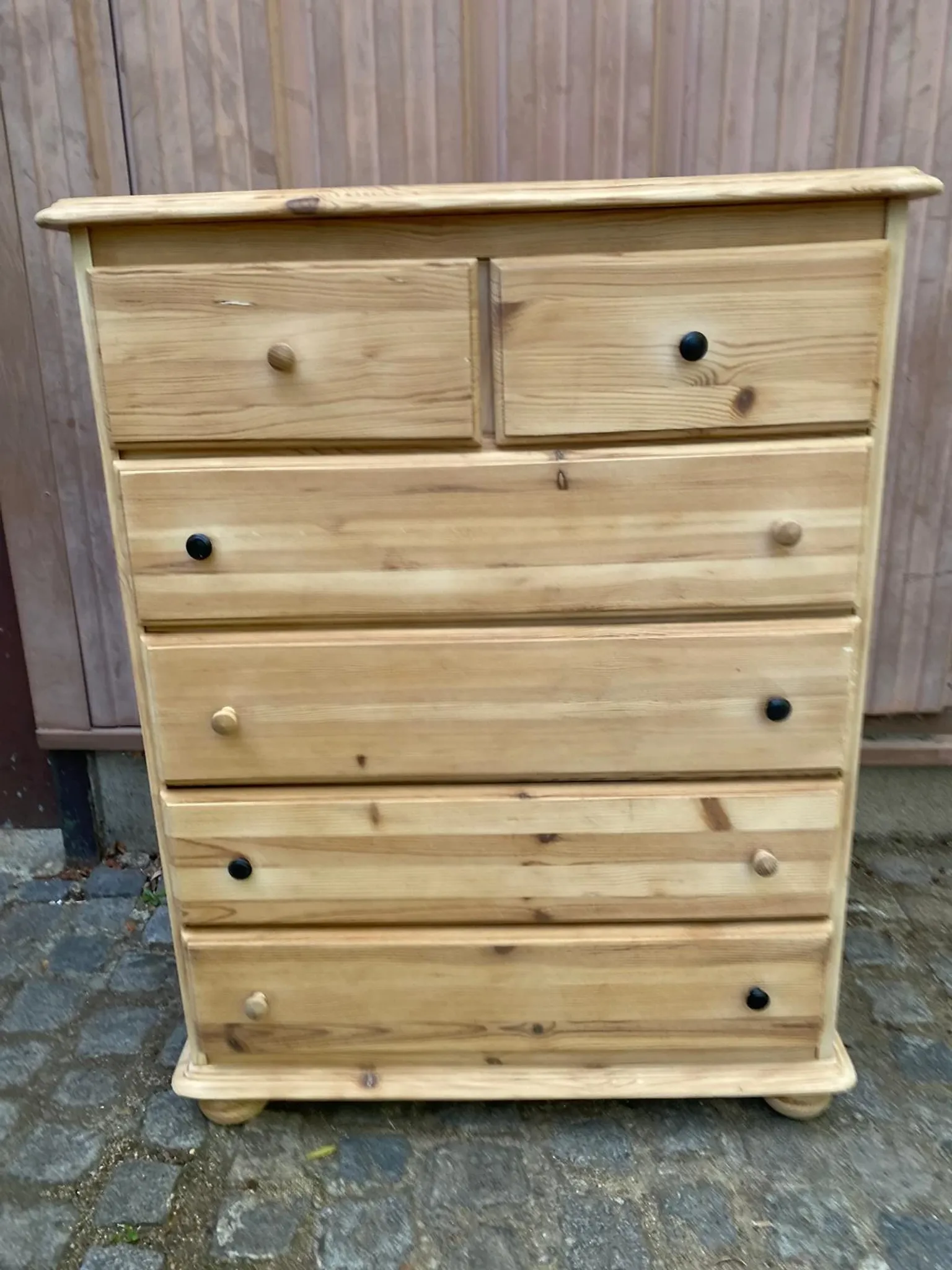 High Scandinavian chest of drawers stripped in solid pine from the 1980s.